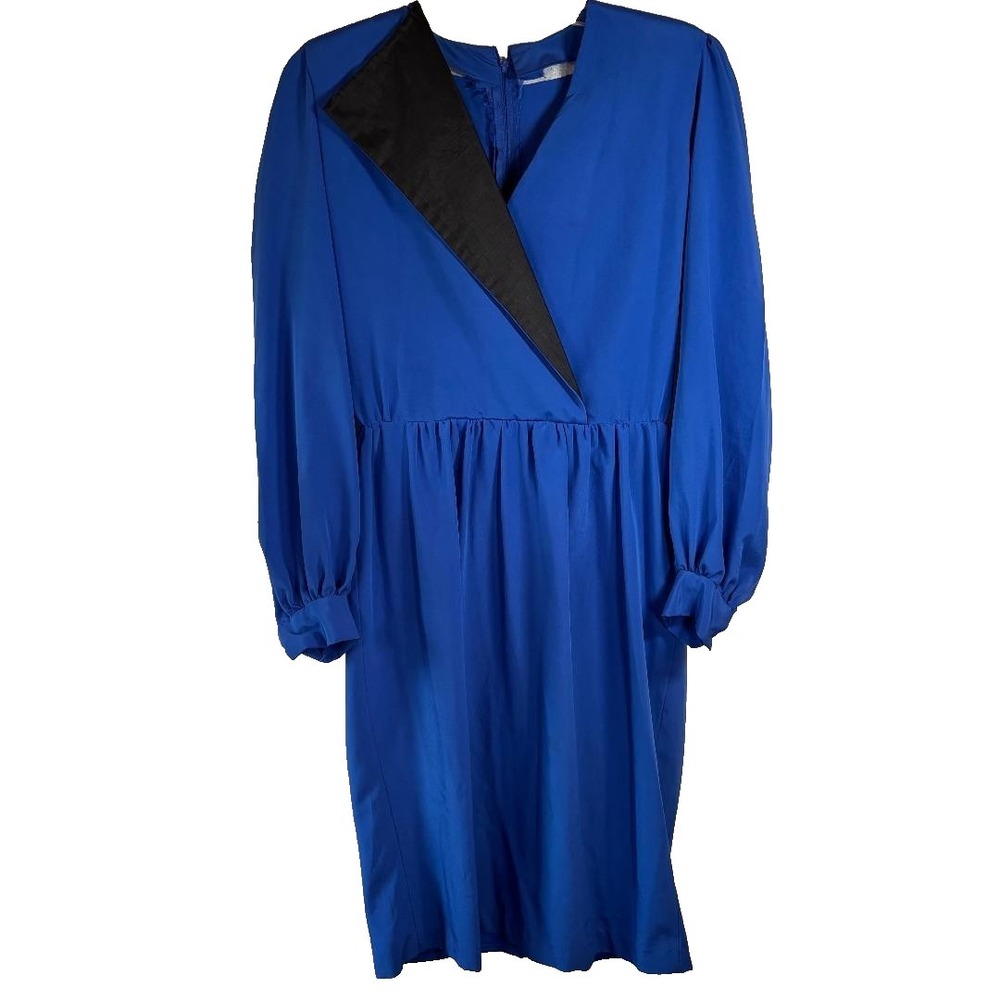 Vintage Handcrafted Dress Blue with Black Shoulder Pads Midi 1980's‎